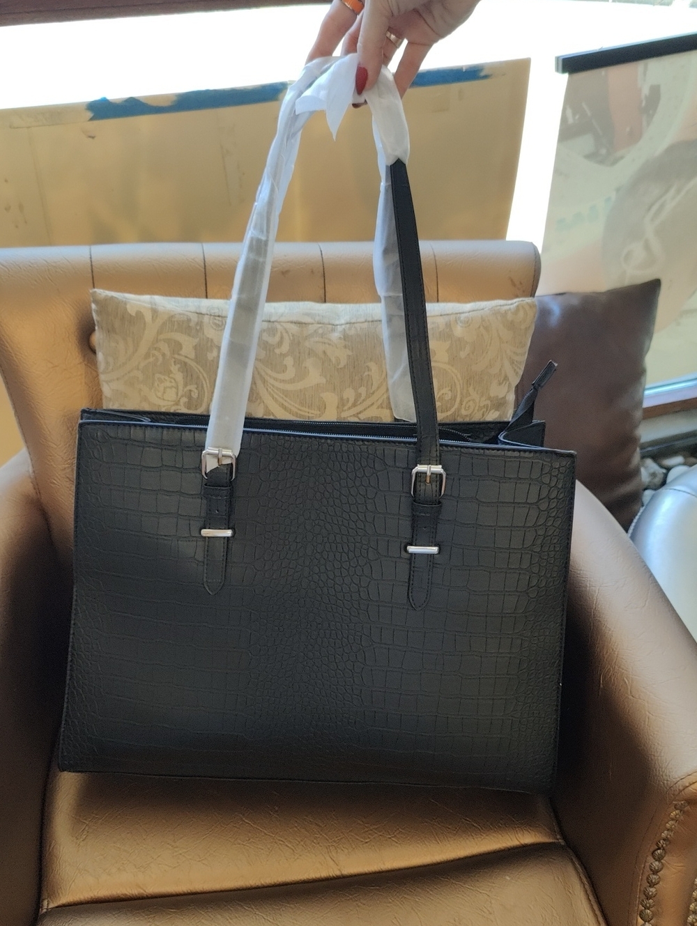 Classic Black Croc-Embossed Tote Bag